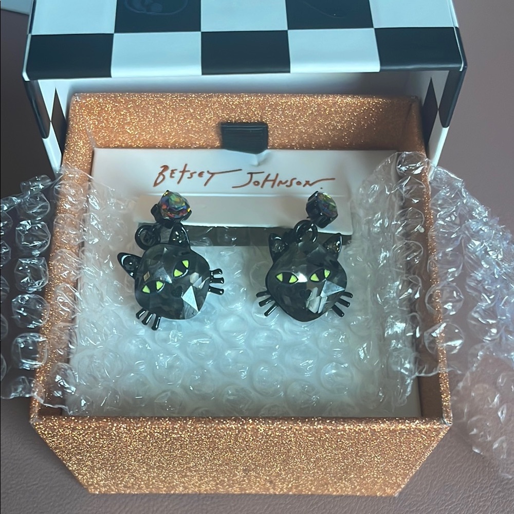 Betsey Johnson Cat Earrings with Green Eyes